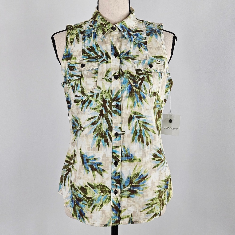 Liz Claiborne Sleeveless Shirt Womens Small Turquoise Linen Blend NWT Tropical